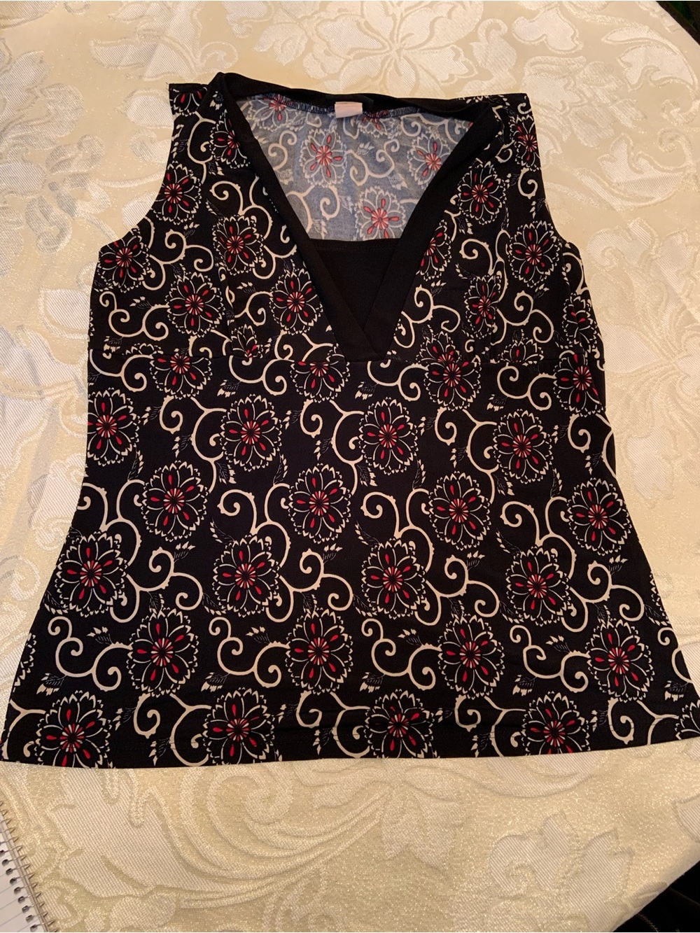 Perceptions Black Floral V-Neck Tank with Red Accents